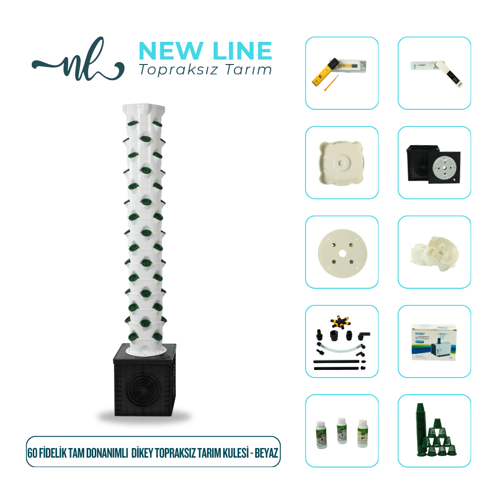 60 Fidelik Tam Donanımlı Dikey Topraksız Tarım Kulesi - Beyaz