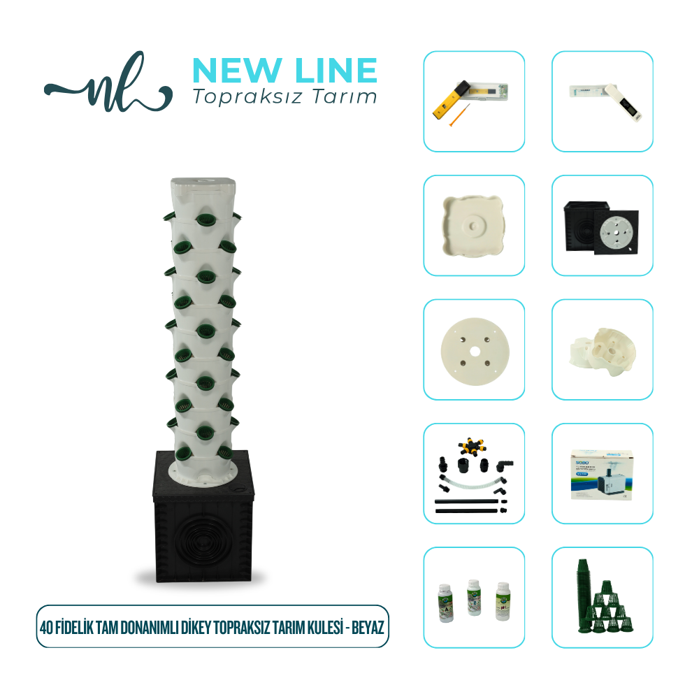 40 Fidelik Tam Donanımlı Dikey Topraksız Tarım Kulesi - Beyaz